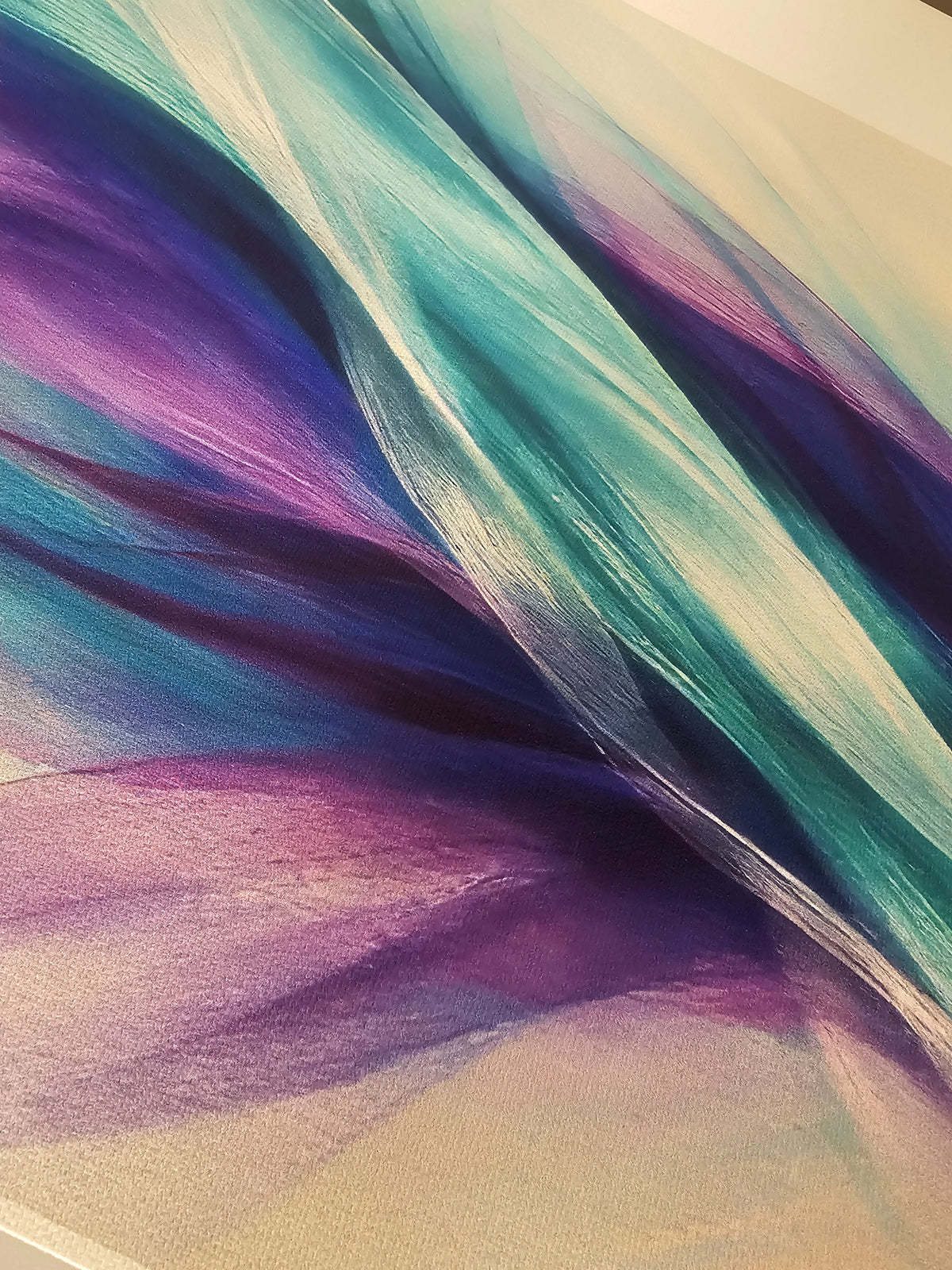 Abstract painting with purple and blue strokes on a textured surface