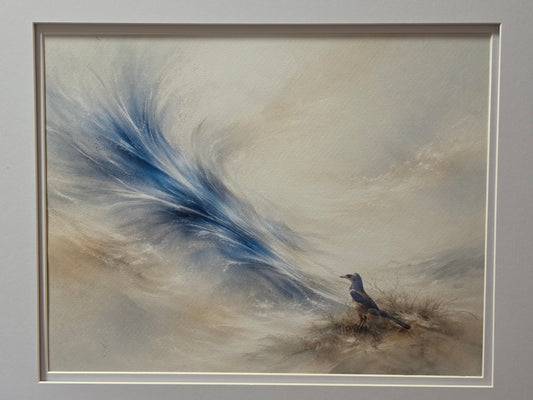 Framed artwork of a bird in a natural setting with abstract blue and beige elements.
