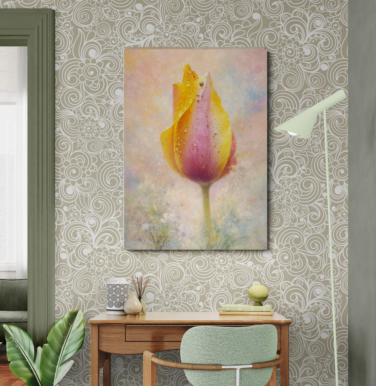Decorative room interior with a painting of a tulip on a patterned wall.
