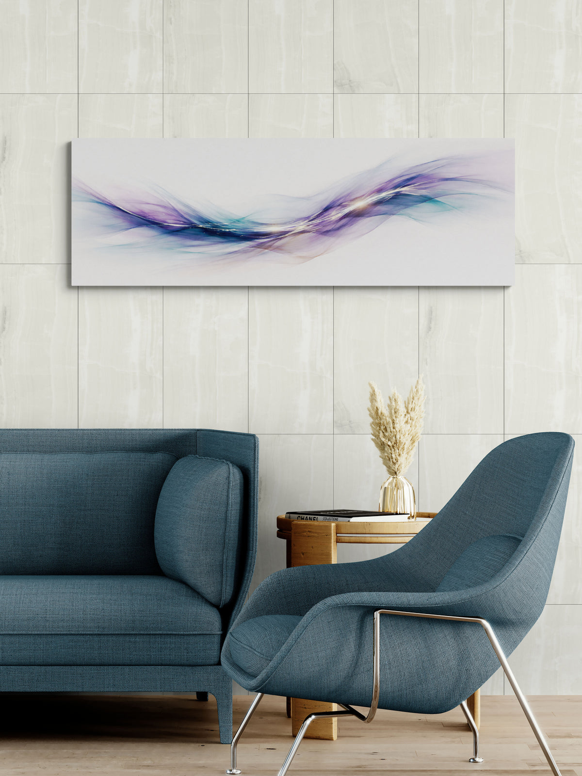 Modern living room with blue sofa and chair, abstract painting on wall