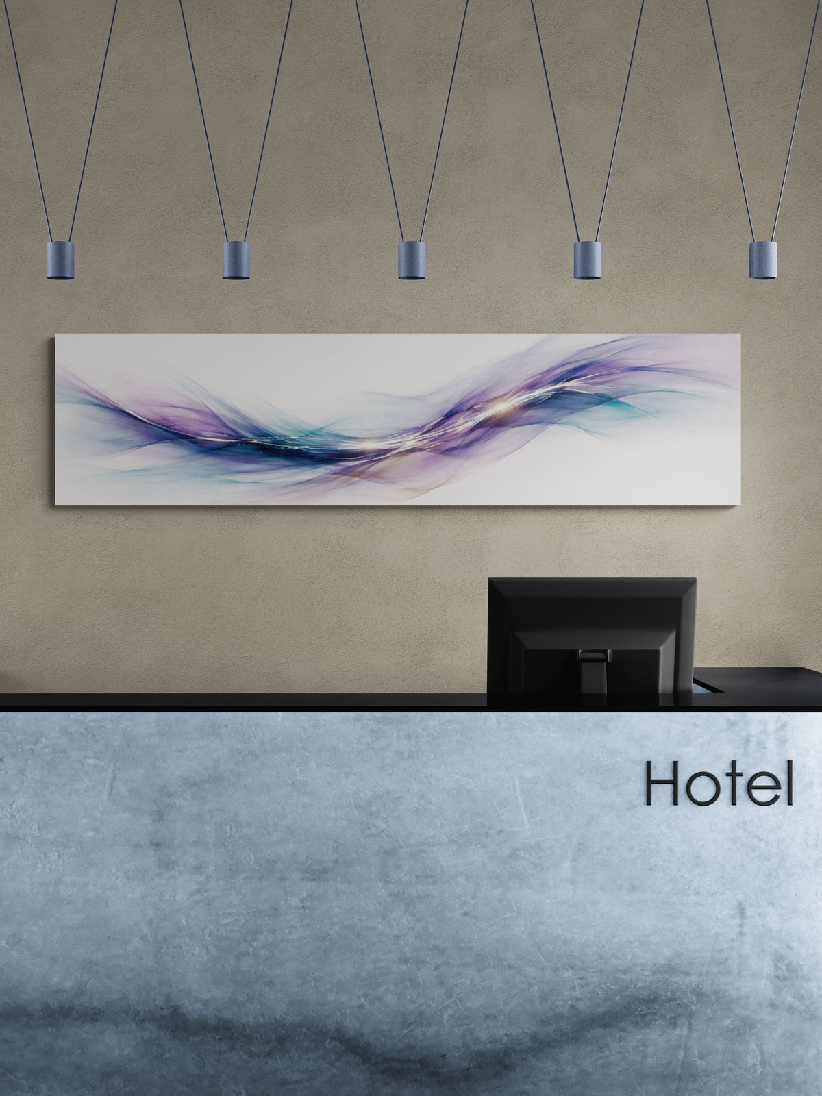 Modern hotel reception area with abstract painting and 'Hotel' sign.