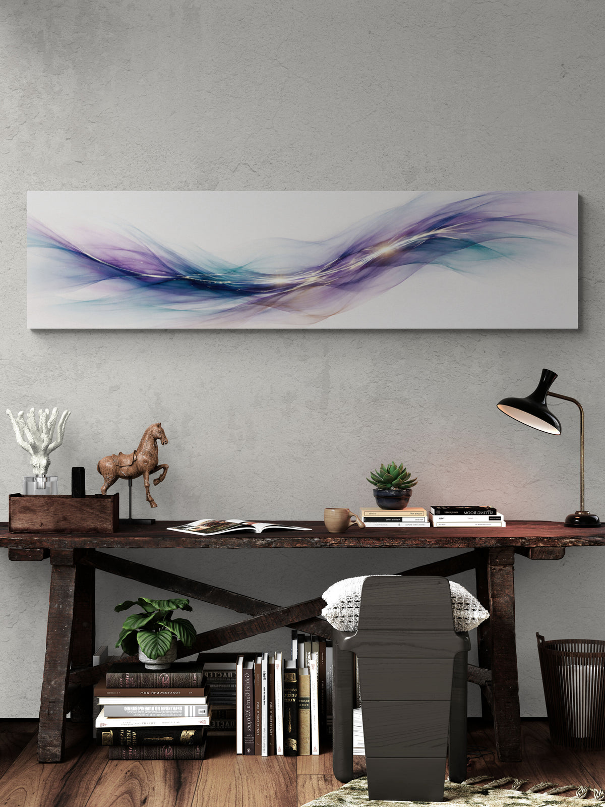 Modern office interior with a long abstract painting on the wall, wooden desk, and chair.