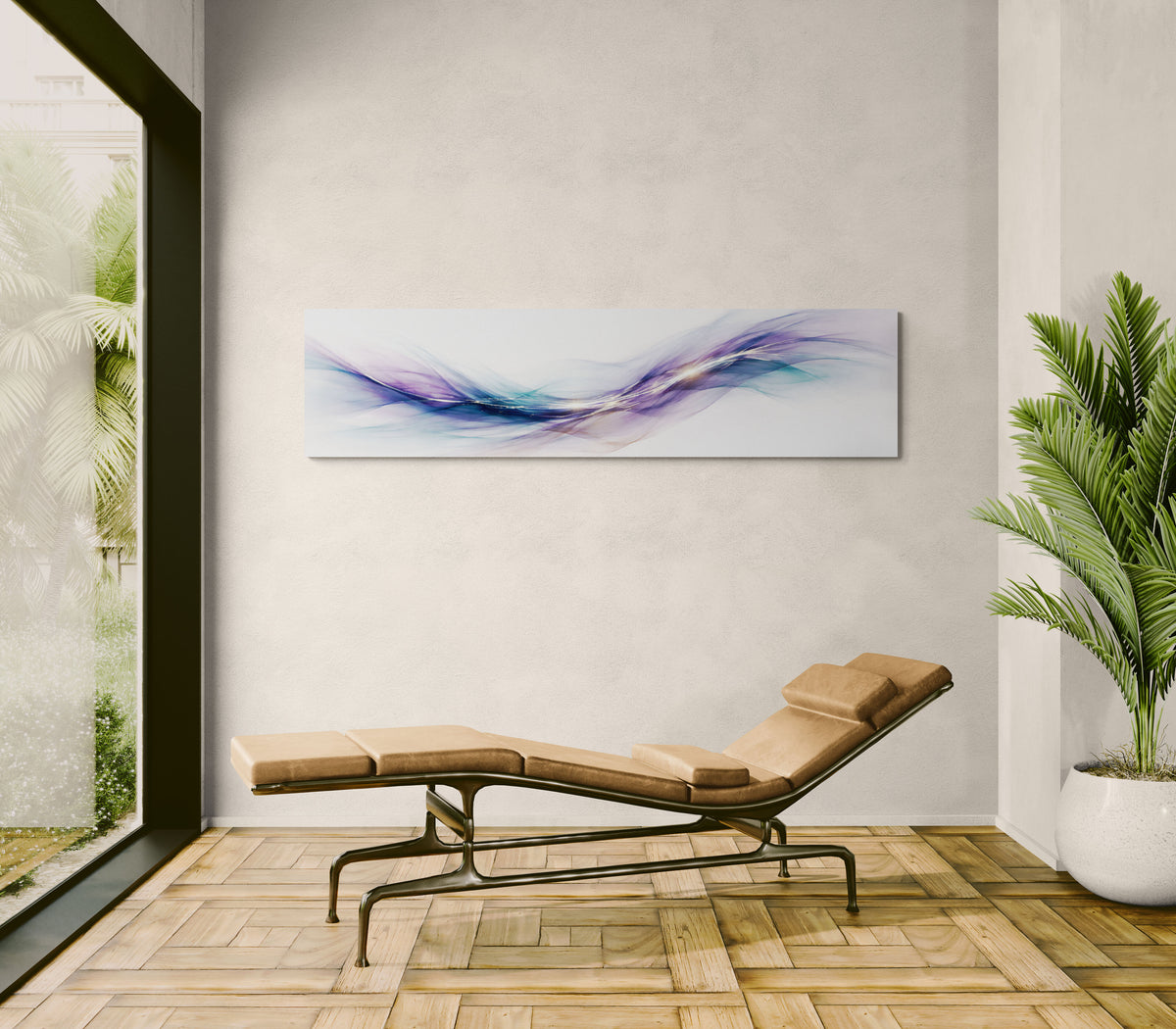 Modern interior with a brown leather lounge chair, abstract painting, and potted plant.