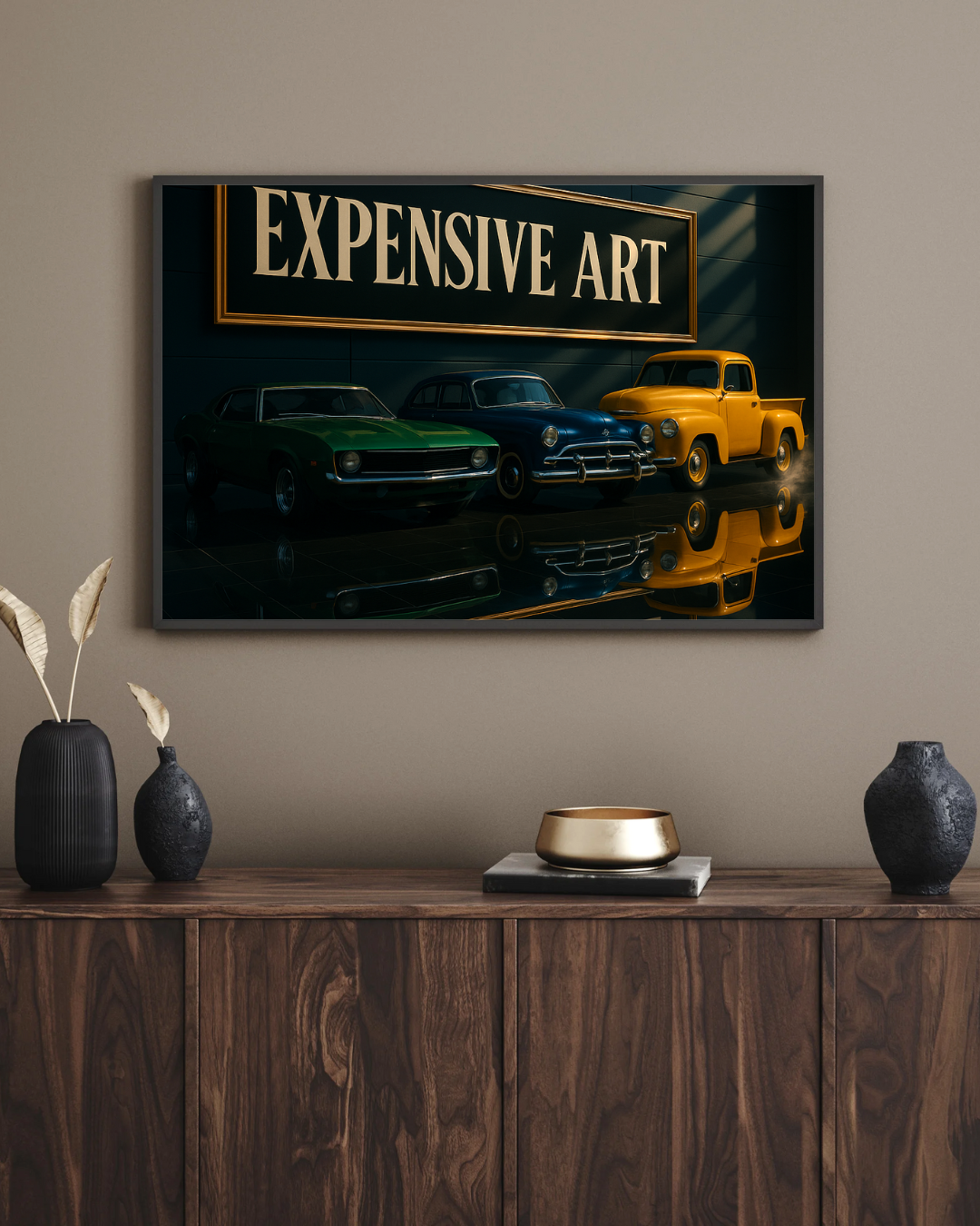 Showroom Marquee: Classic car lineup under a gold “Expensive Art” marquee with glossy floor reflections.