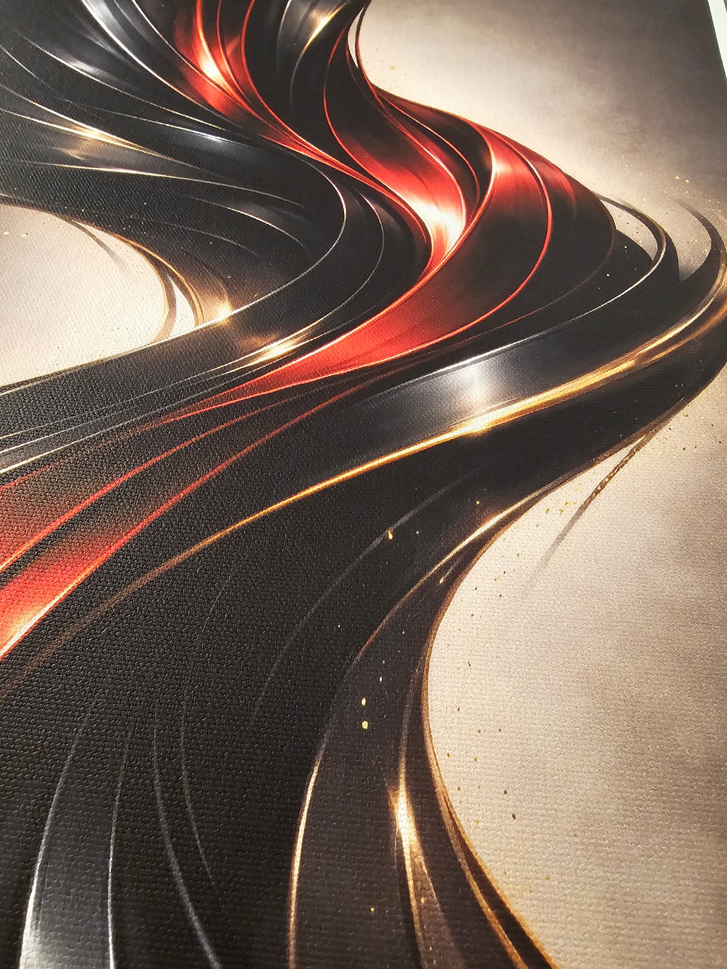 Abstract design with wavy lines in red, black, and gold on a textured background