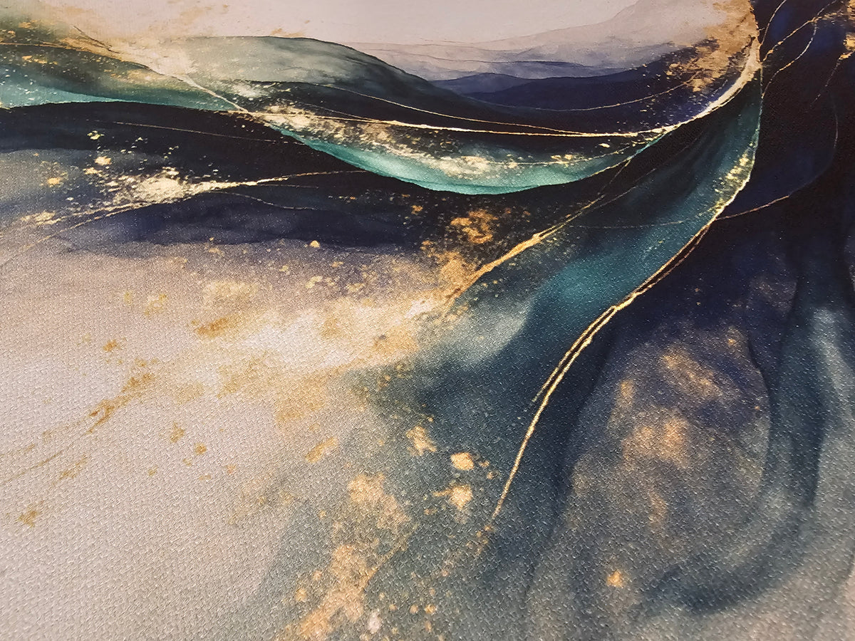 Abstract art with blue, gold, and beige colors on a textured surface