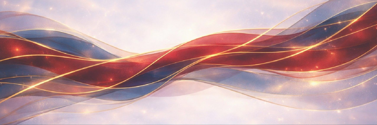 Abstract design with wavy lines in red, blue, and gold on a light background