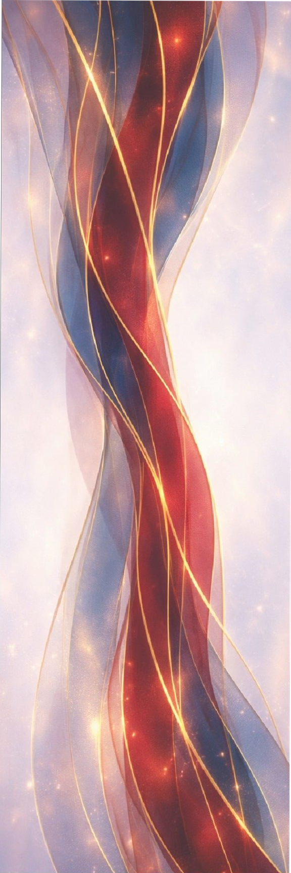 Abstract artwork with wavy lines in red, blue, and gold on a light background