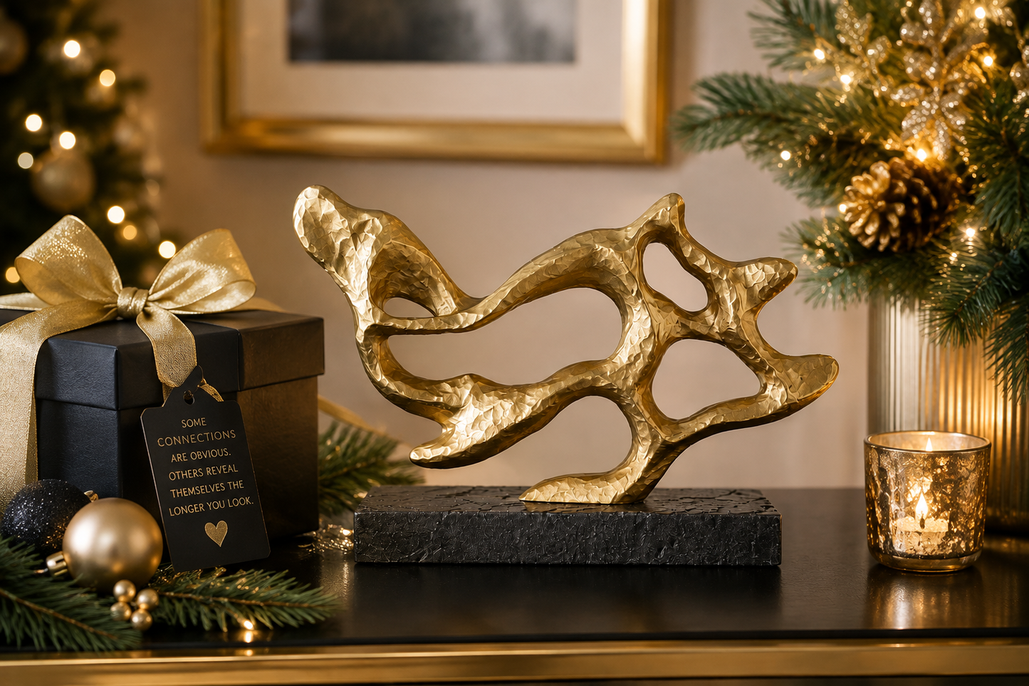 A gold abstract metal sculpture on a dark rectangular base, displayed on a table in a decorated holiday setting with a gift box, ornaments, and Christmas trees.