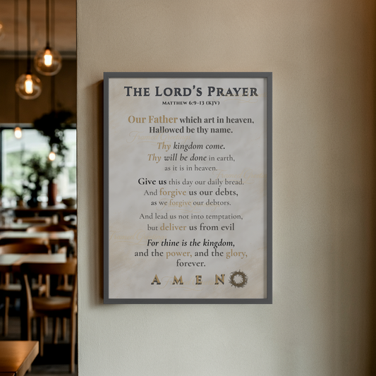 Framed print of 'The Lord's Prayer' on a wall in a restaurant setting