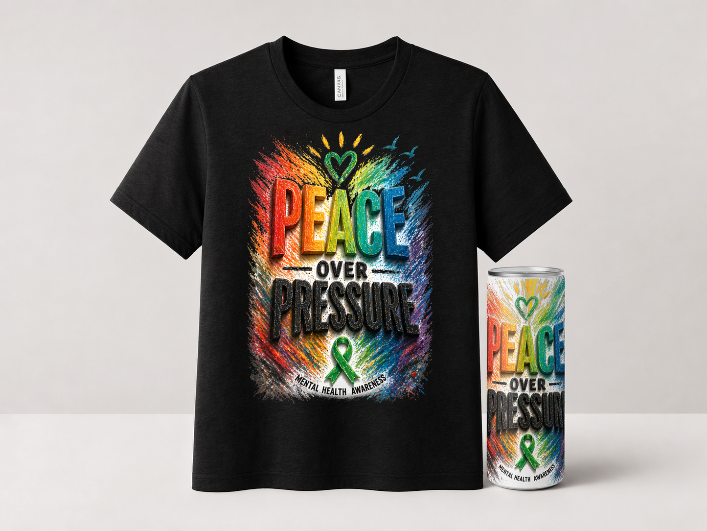 Black t-shirt with 'Peace Over Pressure' design and a can of the same design on a light gray background
