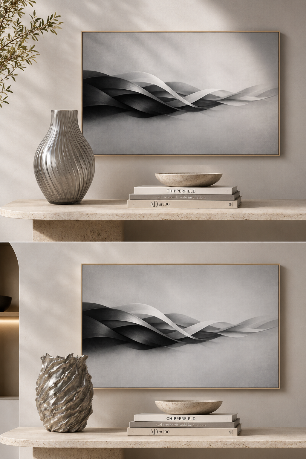 Two identical wall art pieces with wavy design on a neutral background.