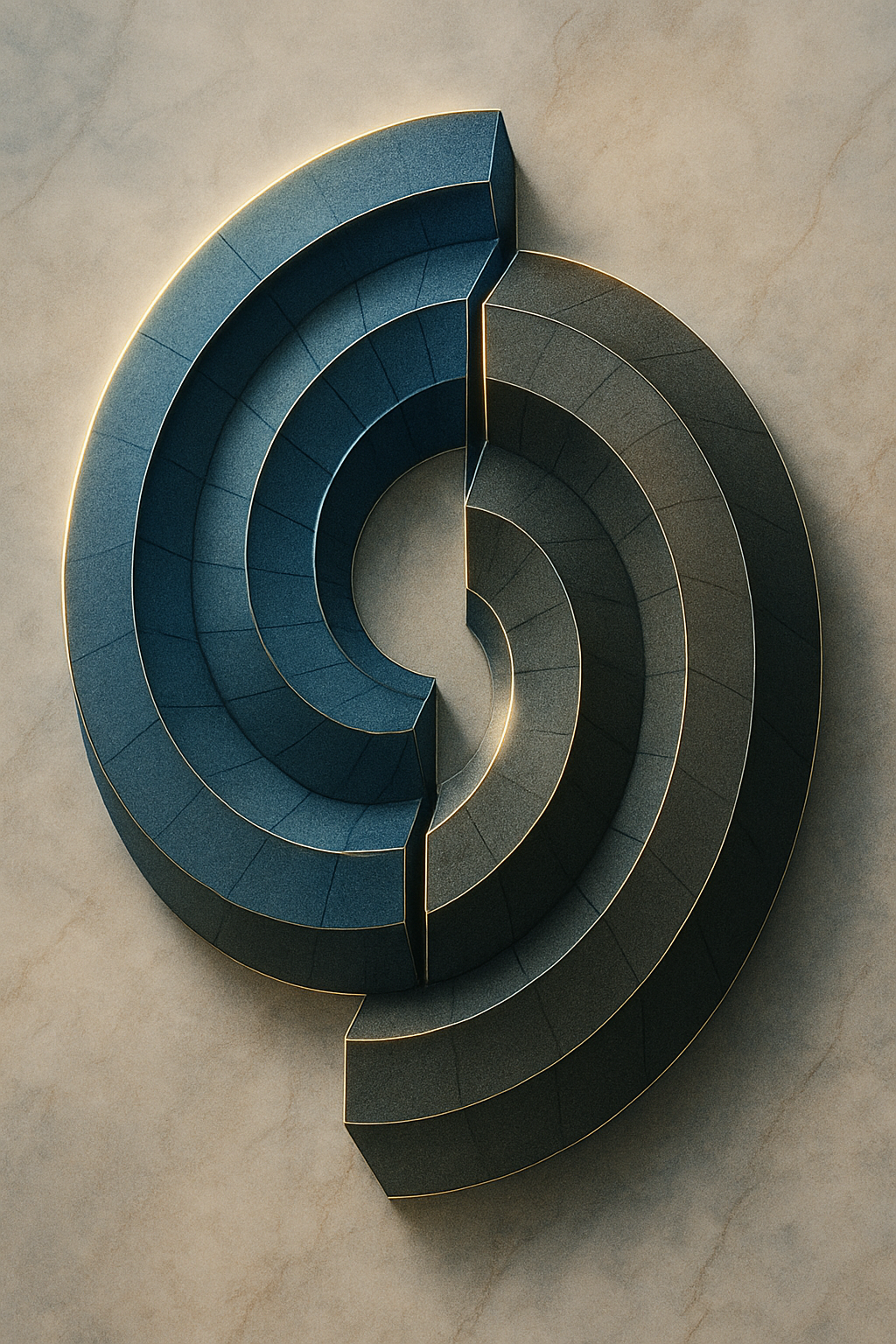 Spiral staircase with blue and gray steps on a beige wall