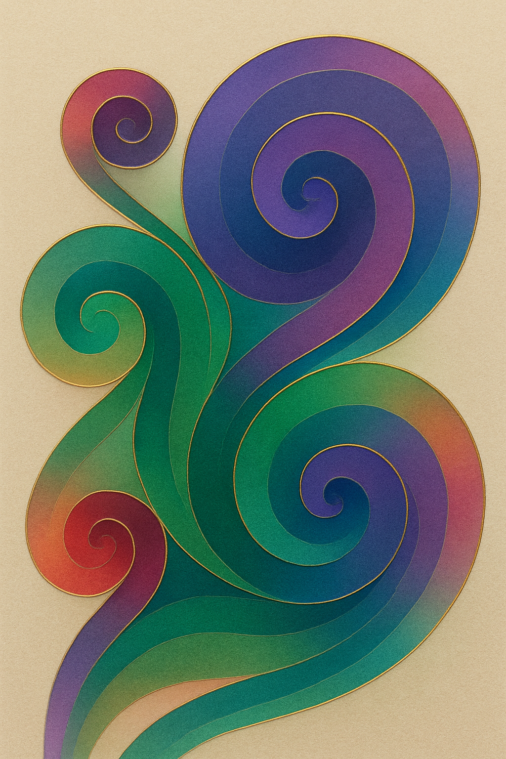 Spiral of Grace – Abstract Wall Art in Violet, Green, Red, and Gold