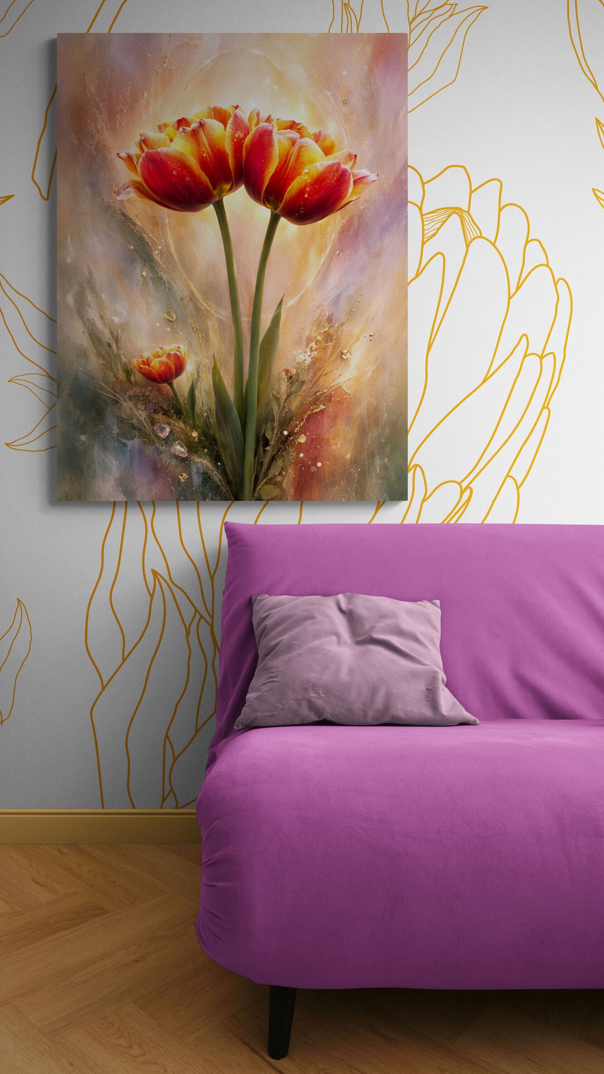 Purple sofa with a decorative pillow in front of a wall with a floral painting.