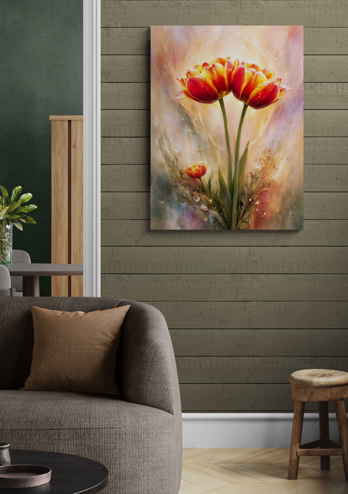 Floral painting on a wall in a living room setting