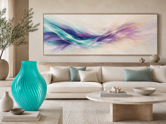 Modern living room with a large abstract painting, turquoise vase, and beige sofa.