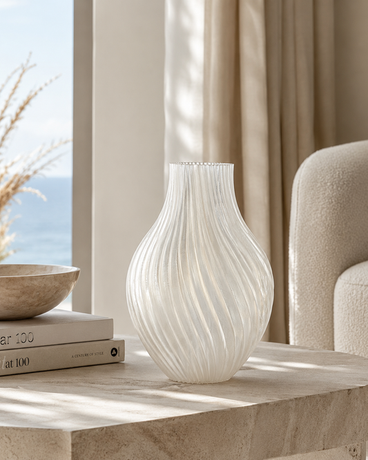 White textured vase on a table with books and a bowl in a room with curtains and a window.