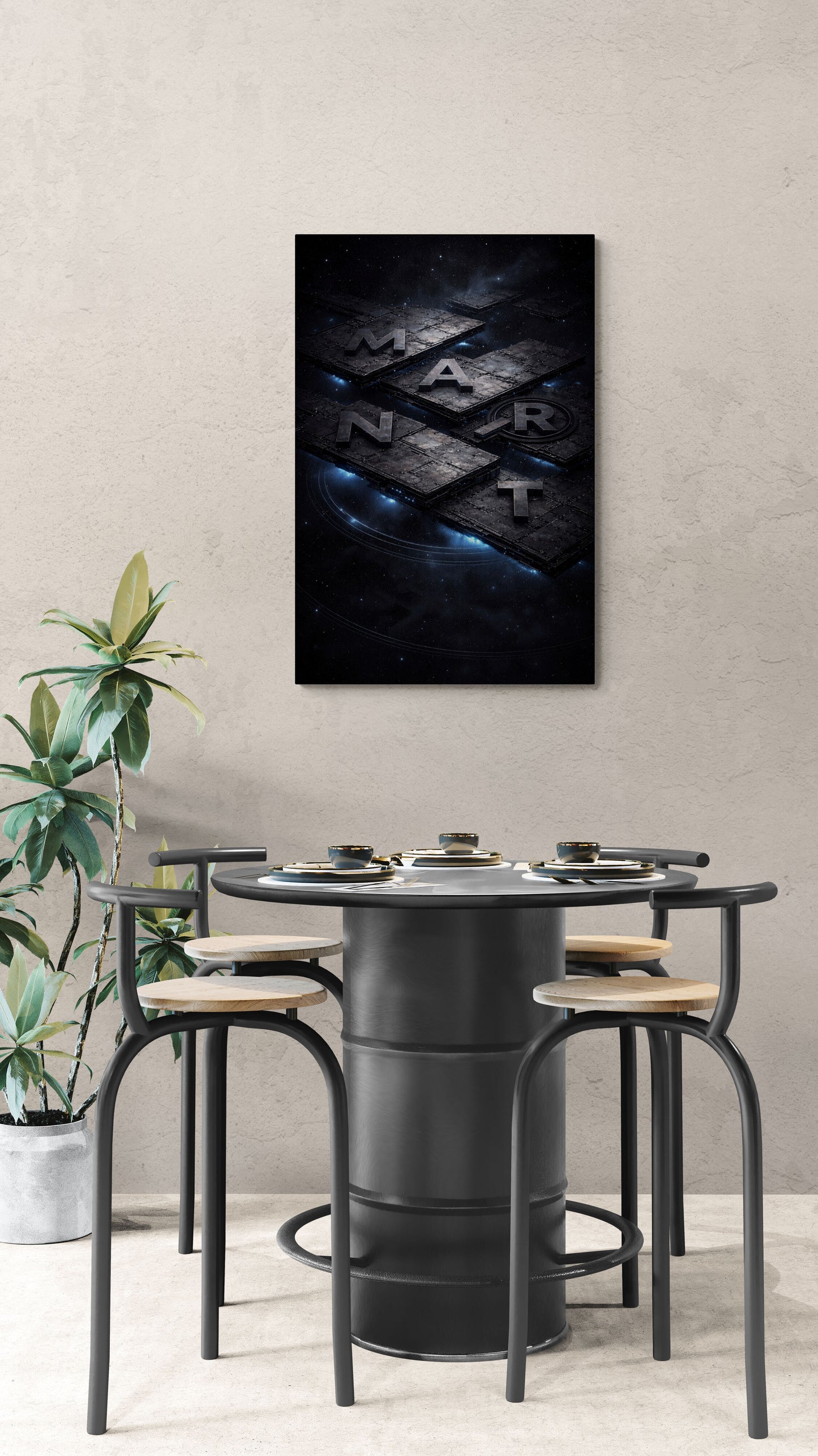 Dining area with a black metal table and chairs, featuring a 'Marmont' sign on the wall.