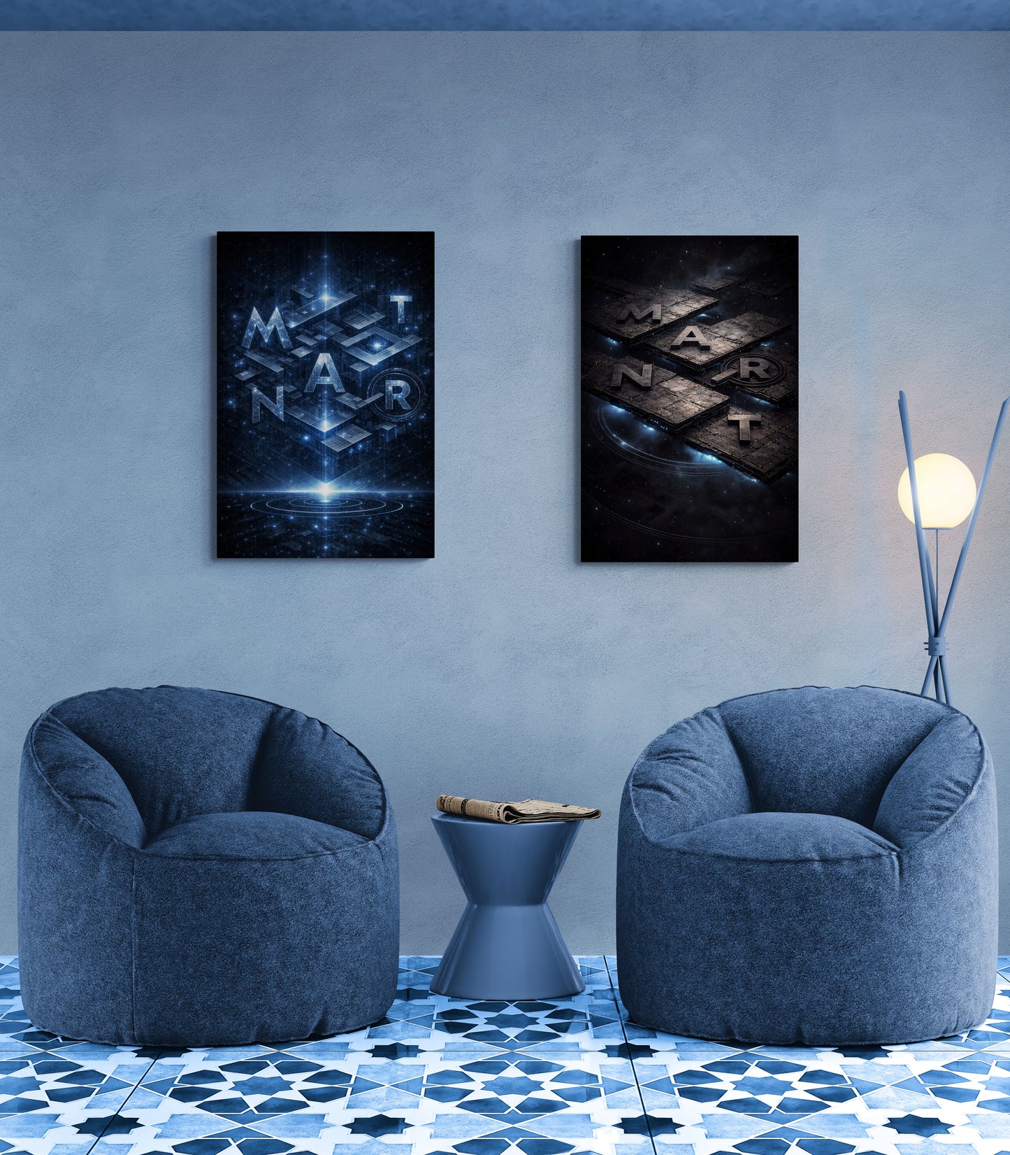 Two blue armchairs in a room with two framed artworks on the wall.