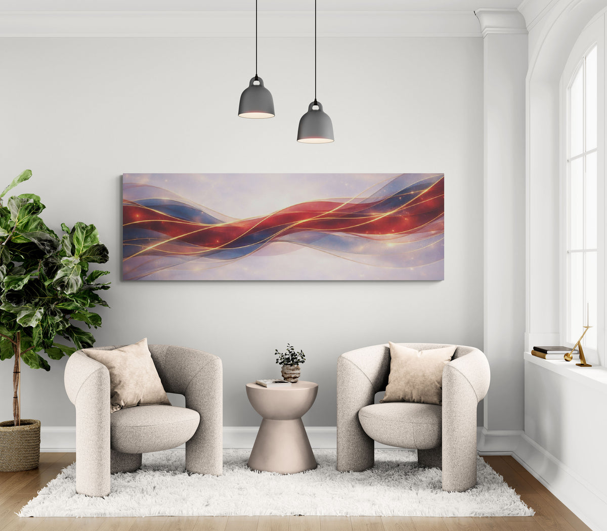Modern living room with abstract wall art, two armchairs, and a small table.