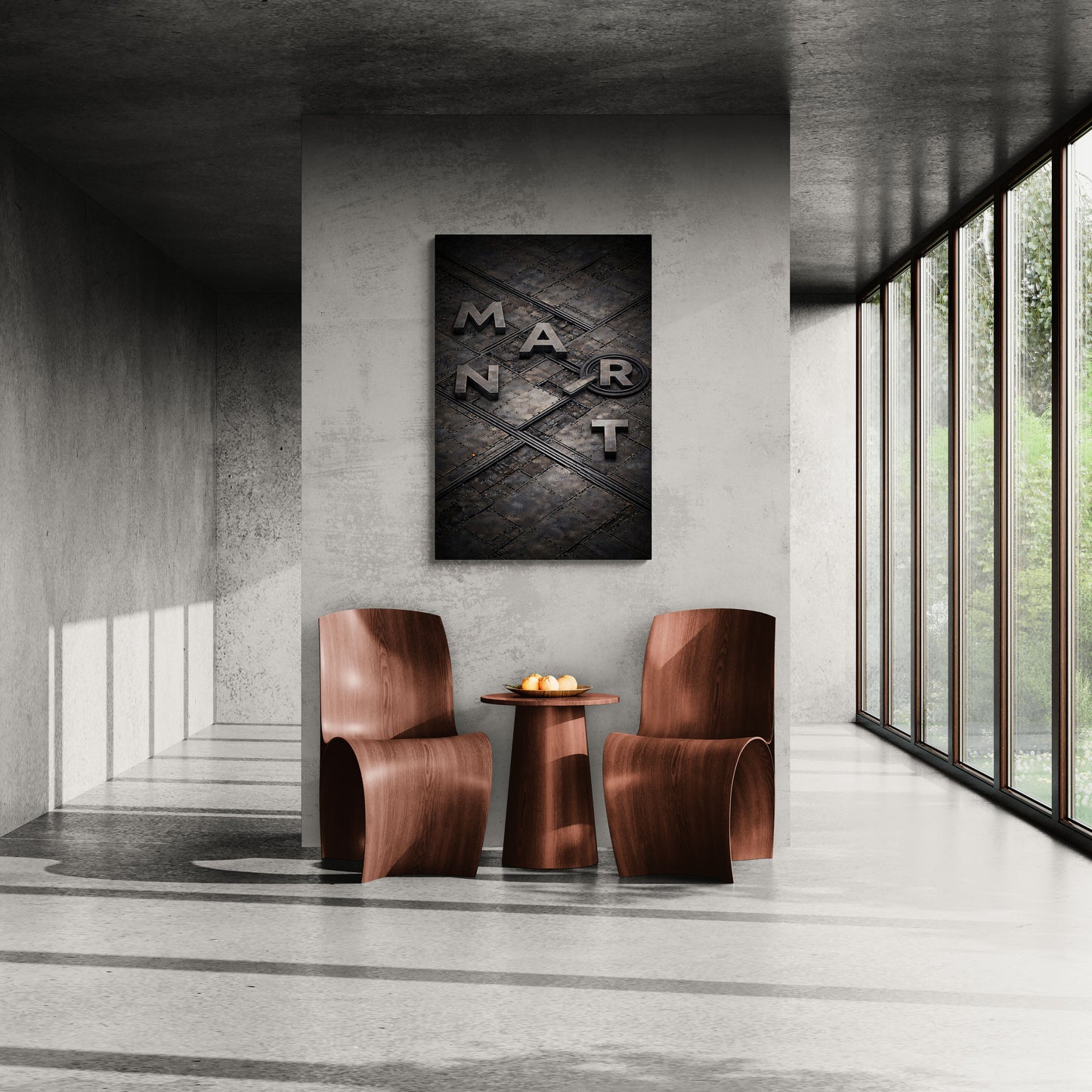 Modern interior with wooden chairs and a table, featuring a 'MART' artwork on the wall.