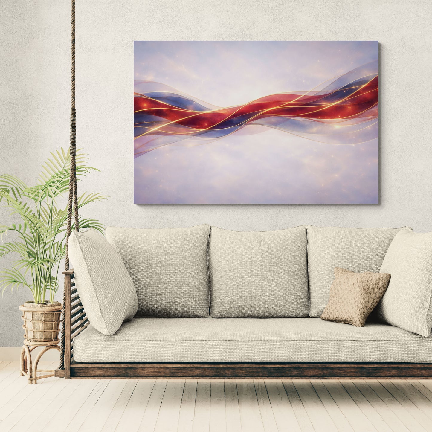 Abstract painting of wavy red and blue lines on a wall above a beige sofa.