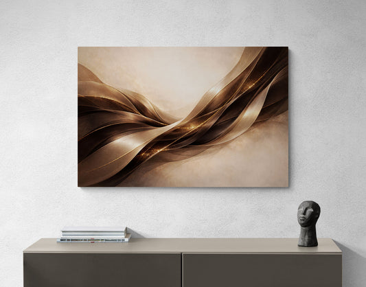 Abstract brown artwork on a wall above a console table with a sculpture.