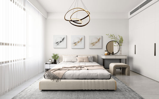 Modern bedroom with a bed, nightstands, and decorative elements.