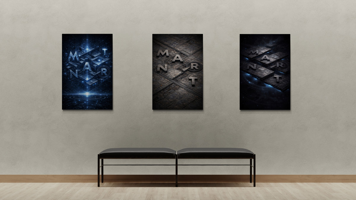 Three dark-themed wall art pieces on a wall with a bench below.
