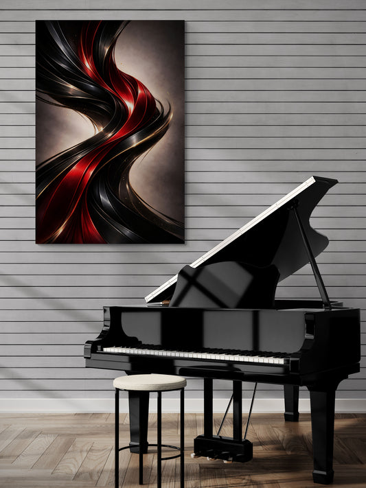 Black grand piano with a large abstract painting on the wall in a room with wooden flooring.