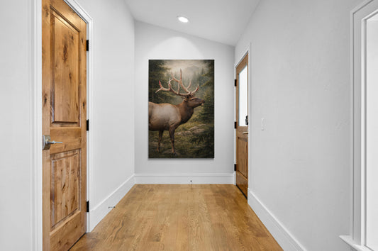 Foyer with wooden doors and a large painting of a deer on the wall.