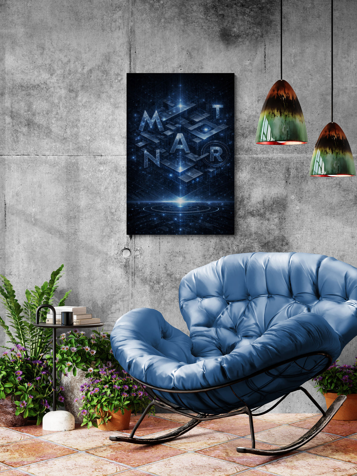 Blue papasan chair in a room with a concrete wall, decorative plants, and a modern painting.