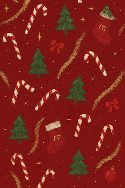 Christmas-themed pattern with candy canes, trees, and stockings on a red background.