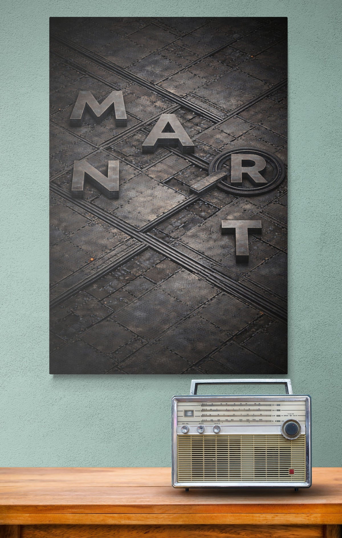 Manhart logo on a textured dark background above a vintage radio on a wooden surface.
