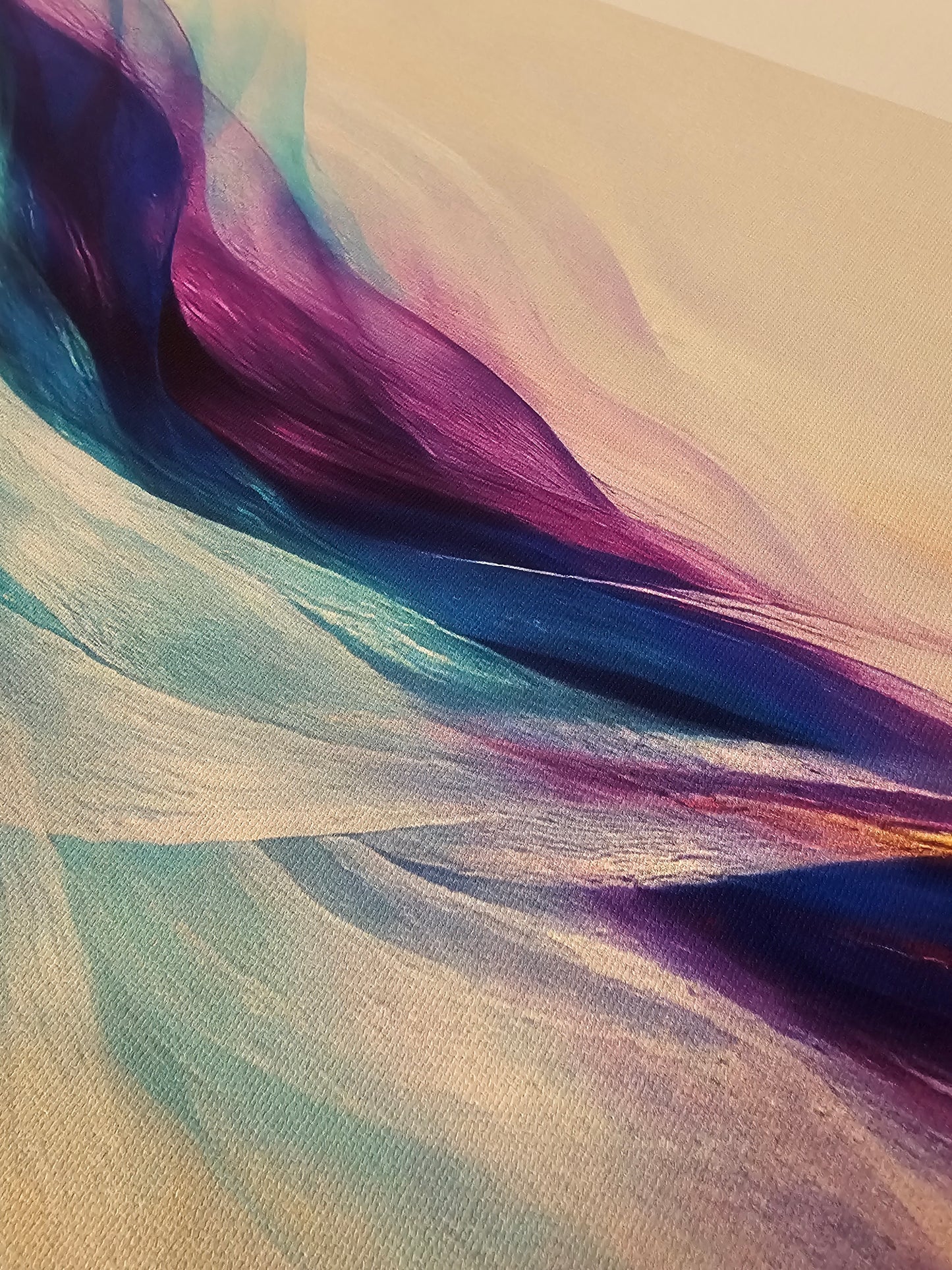 Abstract painting with wavy lines in purple, blue, and beige.
