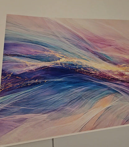 Abstract painting with wavy lines in purple, blue, and pink on a white wall.