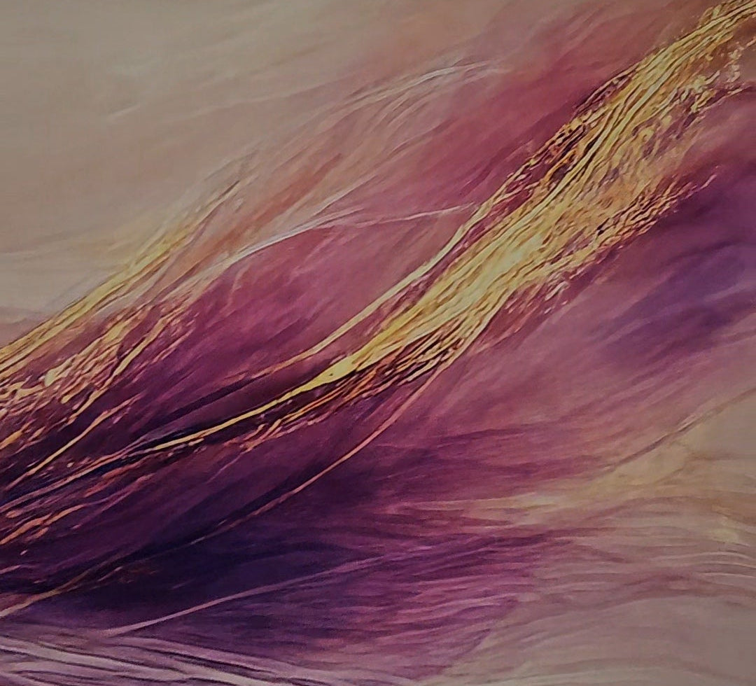 Close-up of a painting with abstract brushstrokes in pink, purple, and gold.