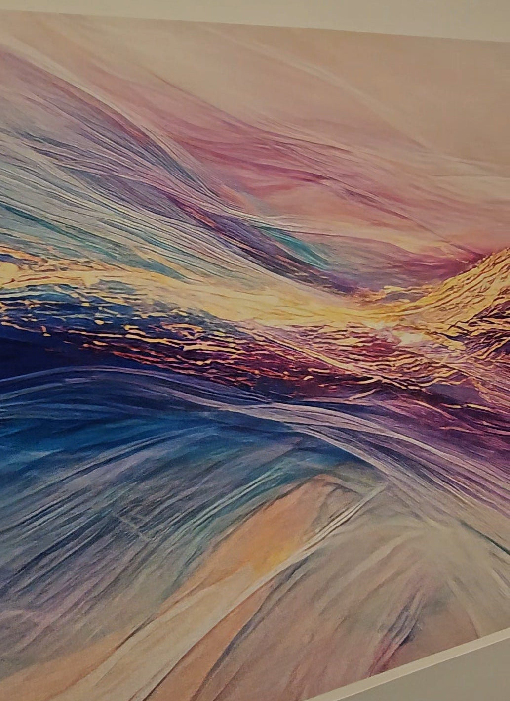 Abstract artwork with wavy lines in blue, purple, and yellow on a white background