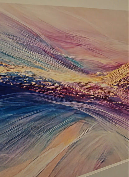 Abstract artwork with wavy lines in blue, purple, and yellow on a white background
