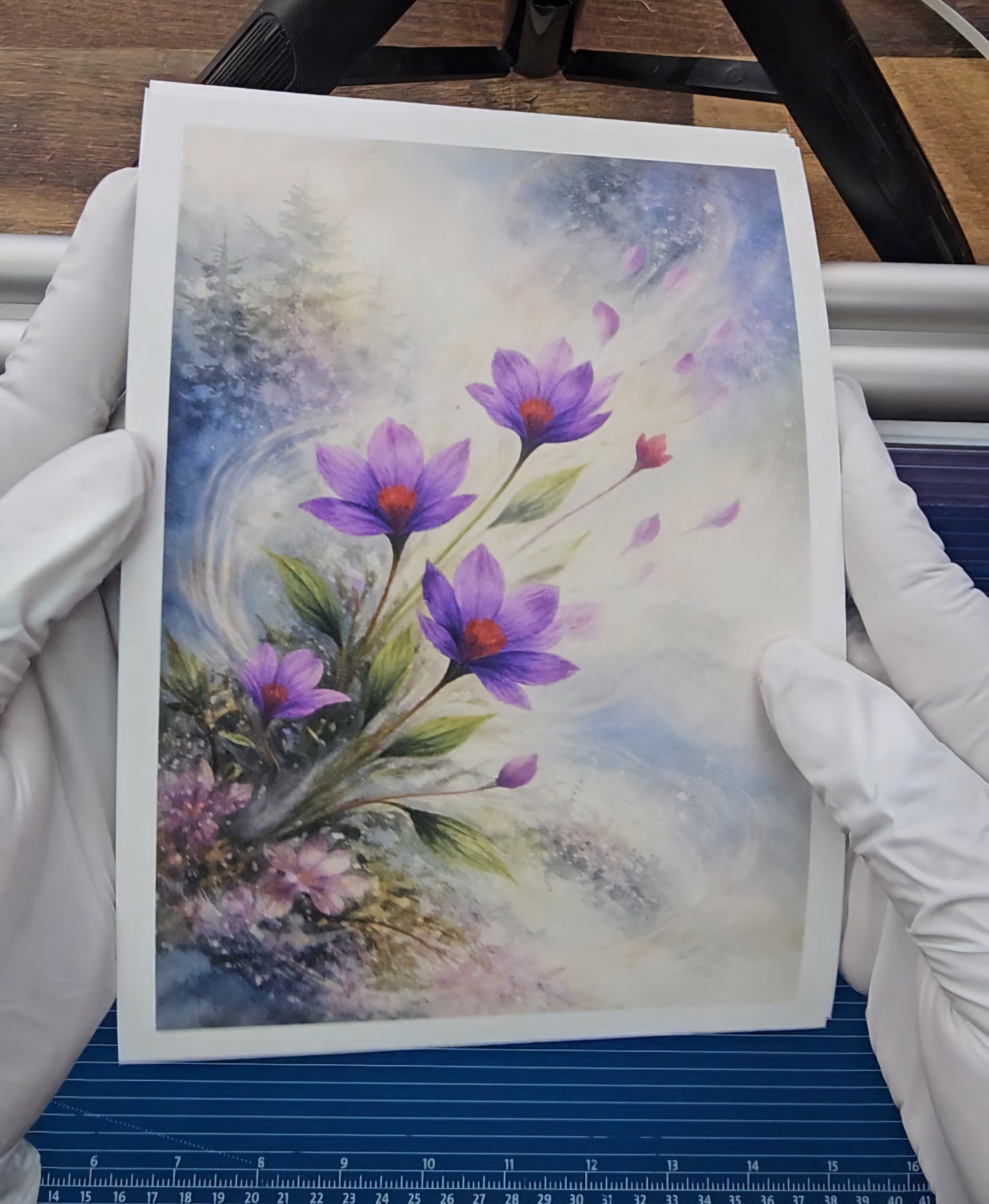 Artistic depiction of purple flowers held by gloved hands on a wooden surface.