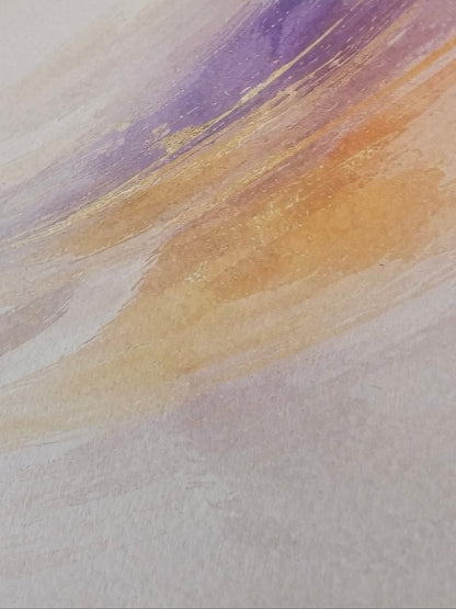 Abstract art with brush strokes in purple, orange, and white on a textured surface