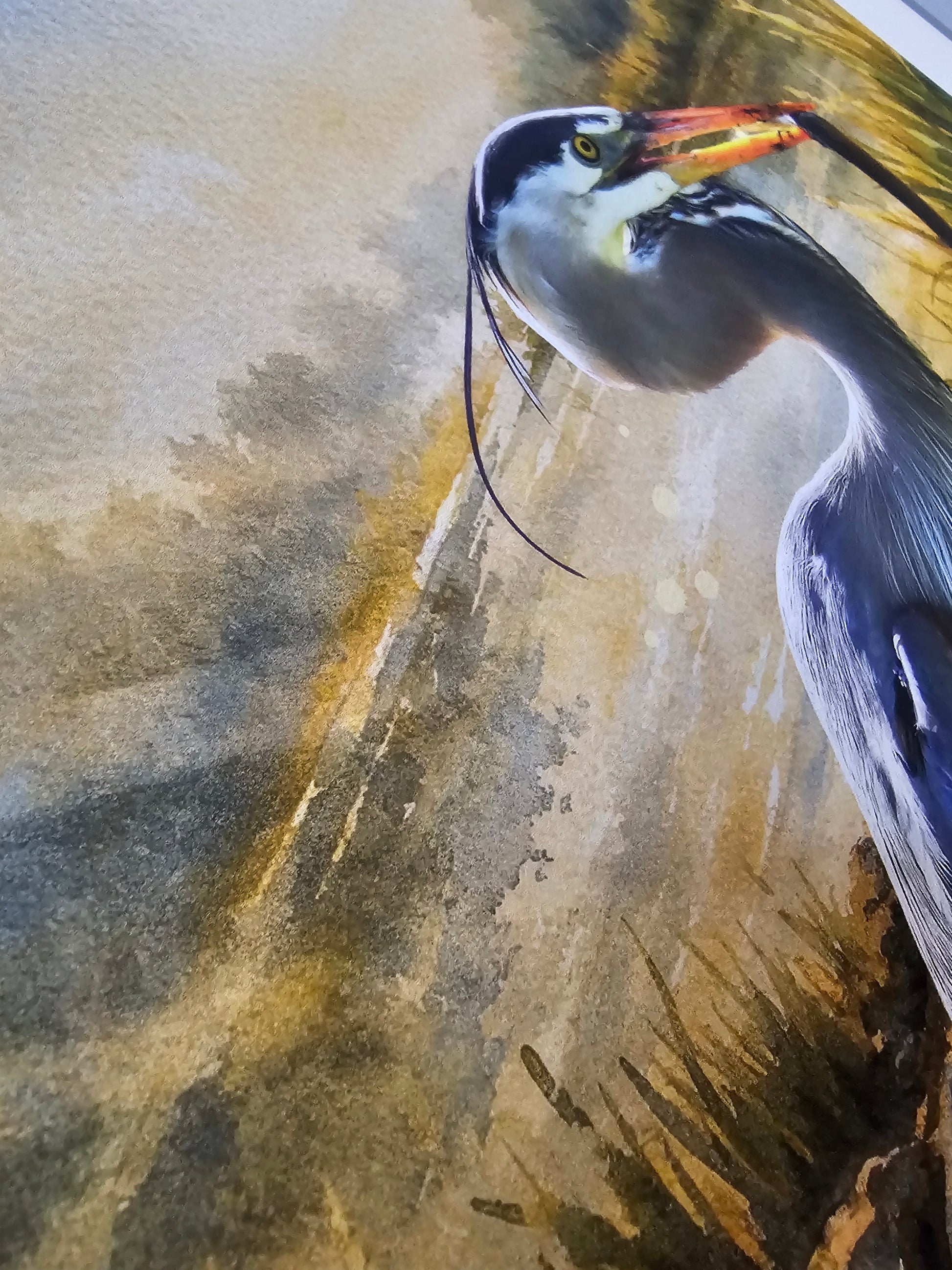 Artistic depiction of a bird with a fish in its mouth on a textured brown background