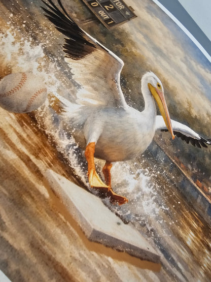 Pelican catching a baseball with a baseball field background