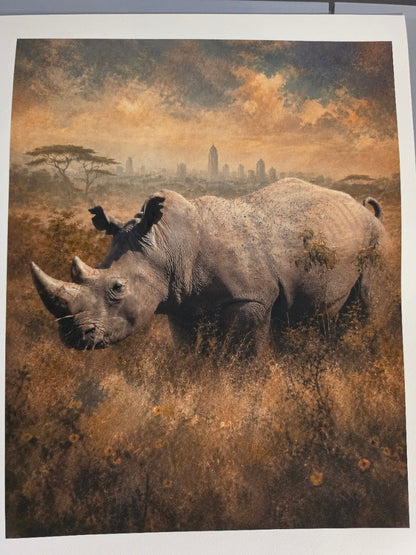 Illustration of a rhinoceros on a textured brown background