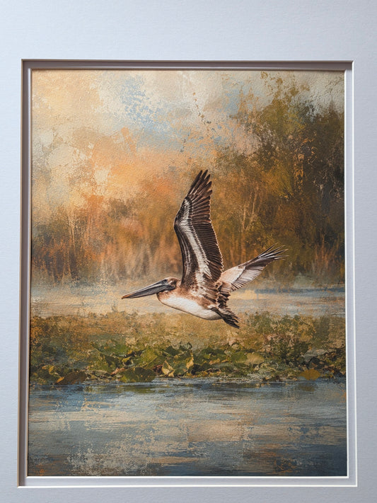Framed painting of a bird in flight with abstract background