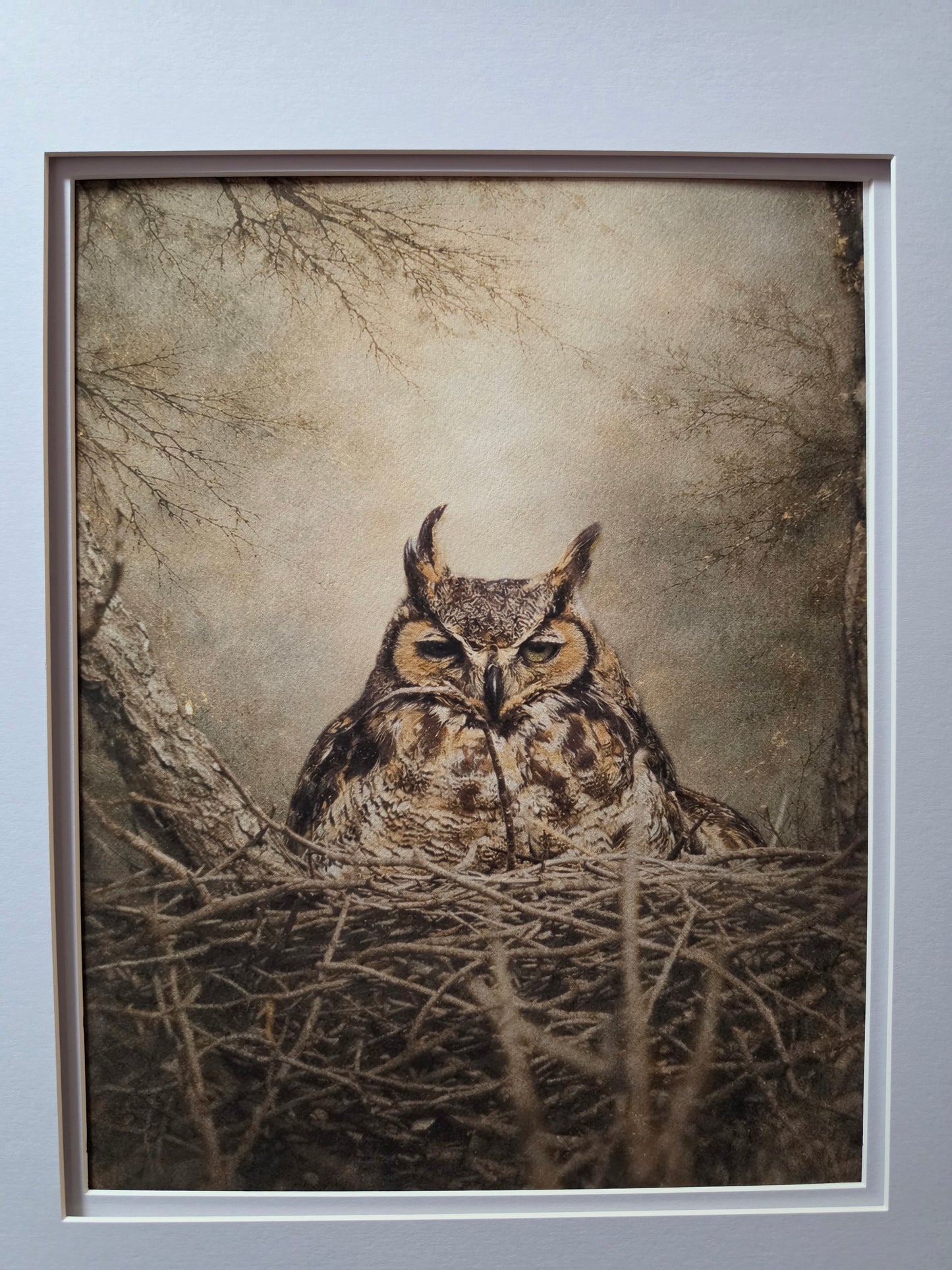 Framed artwork of an owl in a natural setting on a gray wall.