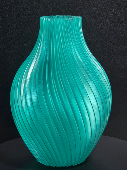 Translucent Teal Sculptural Ribbed Vase — 10" Modern Decorative Vase
