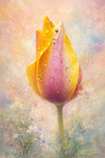 Painted tulip with water droplets on a soft, multicolored background