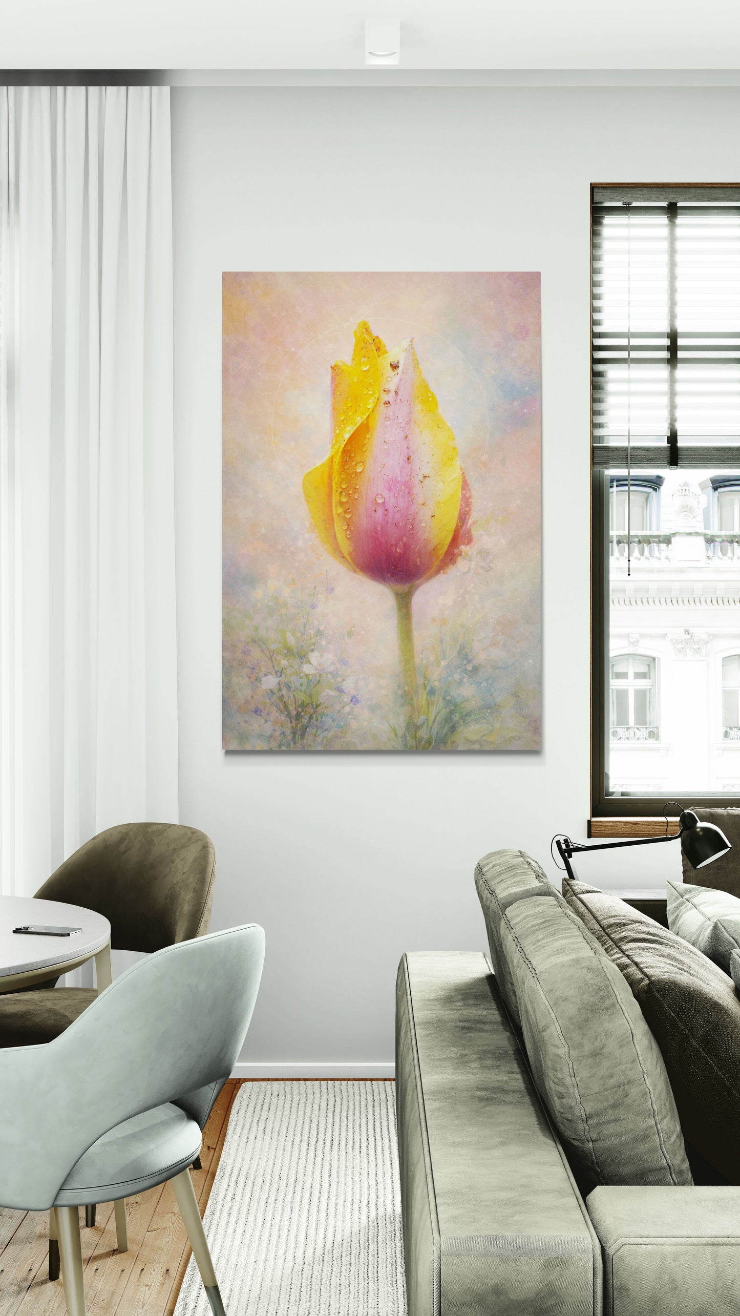 Living room with a large abstract painting of a tulip on the wall.